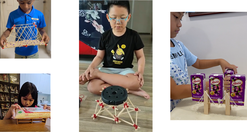 Three children building structures with wooden sticks and connectors in separate photos at home.